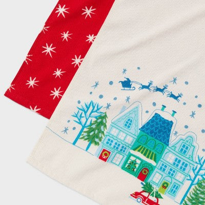 2pk Christmas Winter Village Scene Hand Towels White - Wondershop
