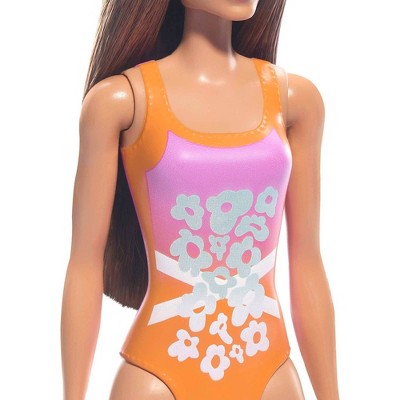 Barbie 12.7" Beach Barbie Doll Brown Hair/Brown Eyes Wearing Tropical Pink and Orange Swimsuit