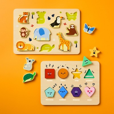 Wooden Shapes & Animals Puzzles - 2pc - Gigglescape