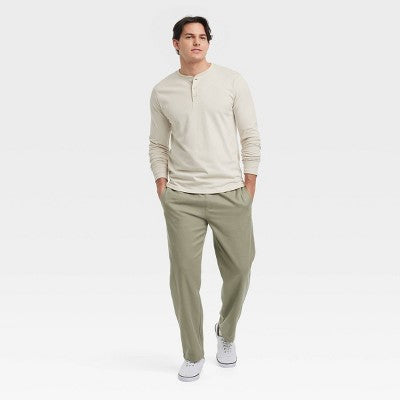 Men's Vintage Long Sleeve Henley Shirt -  Light Beige M: