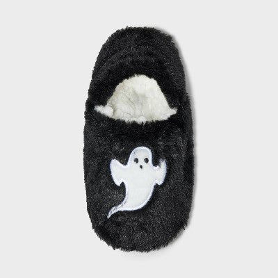 Women's Ghost Embroidered Halloween Faux Fur Pull-On Slipper Socks with Grippers - Hyde & EEK! Boutique Black/White S/M