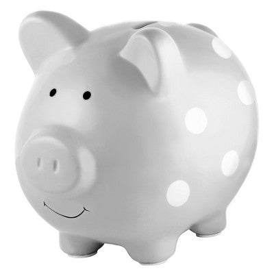 Pearhead Ceramic Piggy Bank - Gray with White Polka Dots: Decorative Ceramic, 7" Depth, 6.25" Height, 2.4 lbs.