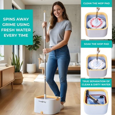 True & Tidy True Clean Dual Bucket 2.0 Spin Mop with Silicone Sweeper: Stainless Steel, Aluminum, Microfiber Materials