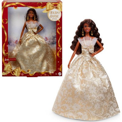 Barbie Signature 2025 Holiday Barbie Fashion Doll, Black Hair Silver & Gold Gown