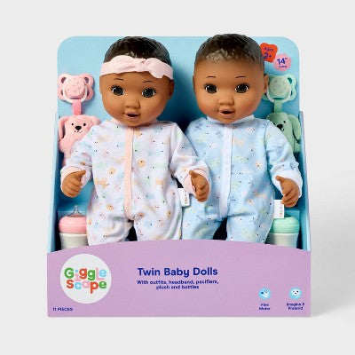 14" Boy Girl Twin Baby Dolls - Dark Brown Hair + Brown Eyes - Gigglescape