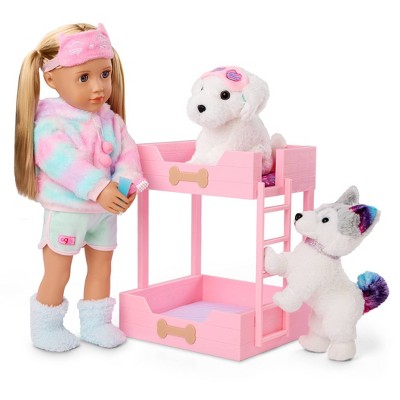 Our Generation Puppy Dreams Pink Bunk Bed with Pet Dog Plush Dollhouse Set: Fits 18" Dolls, Includes 11 Doll Accessories