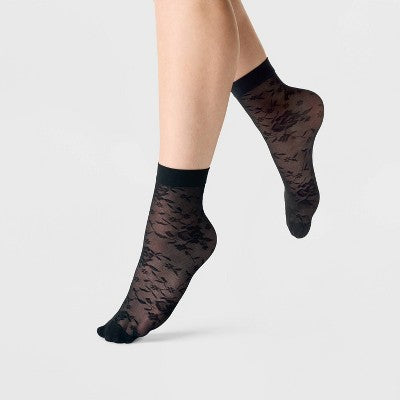 Women's Rose Floral Mesh Sheer 2pk Anklet Socks - A New Day Black/White 4-10: Lightweight Knit, Botanical Pattern