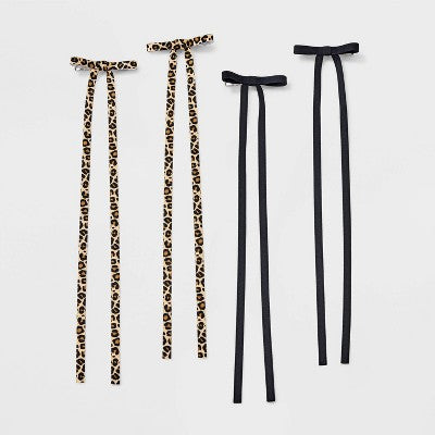Girls' 4pk Long Tail Leopard Printed Satin Bow Claw Clip Set - art class Black/Brown