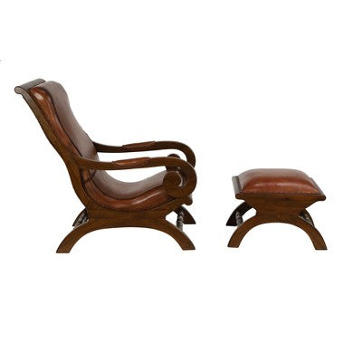 Traditional Teak Wood Accent Chair with Arms and Ottoman Brown - Olivia & May: Leather Upholstered, No Assembly Required (LOCAL PICKUP ONLY)