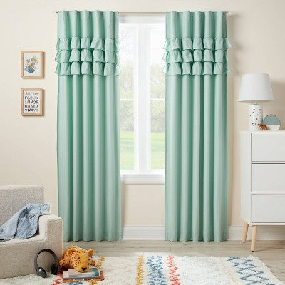 42"W x 63"L Ruffle Kids' Blackout Window Curtain Panel Mint Green - Pillowfort