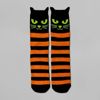 Women's Black Cat with Glow-in-the-Dark Eyes Halloween Crew Socks - Hyde & EEK! Boutique Black/Orange 4-10
