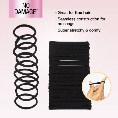 scunci No Damage Super Comfy Hosiery Elastic Hair Tie Ponytailers - Black - Fine Hair - 20pc