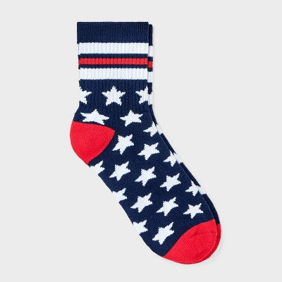 Women's Ribbed Cushioned Stars Short Crew Socks - Navy/Red/White 4-10: Recycled Polyester, Cushioned Sole
