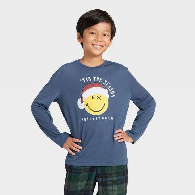 Boys' 2pc Smiley World Christmas Long Sleeve Pajama Set - Blue S