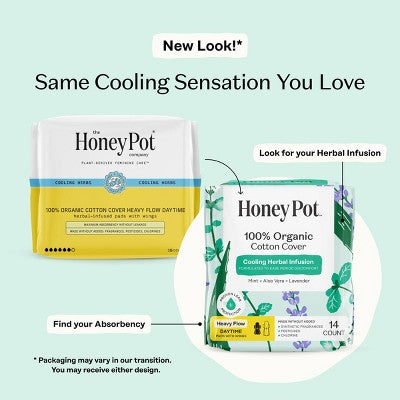 Honey Pot 100% Organic Cotton Cover Cooling Herbal Infusion Heavy Flow Daytime Pads - 14 ct