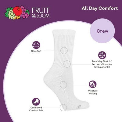 Fruit of the Loom Women's Cushioned 6pk Crew Socks - White 4-10: Moisture Wicking, Ventilating Mesh, 4-Way Stretch