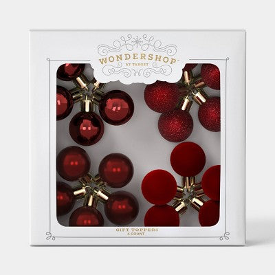 4ct Christmas Monochromatic Gift Toppers Dark Red - Wondershop