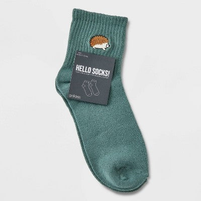 Women's Embroidered Hedgehog Ribbed Ankle Socks - Green 4-10