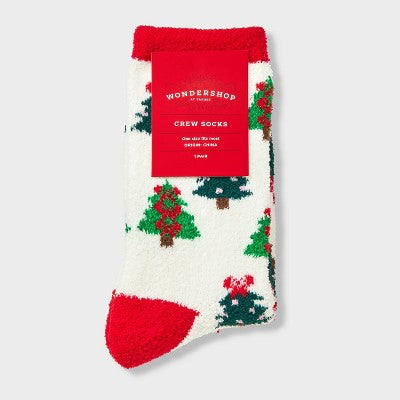 Women's Festive Trees Christmas Cozy Crew Socks - Wondershop White/Green/Red 4-10