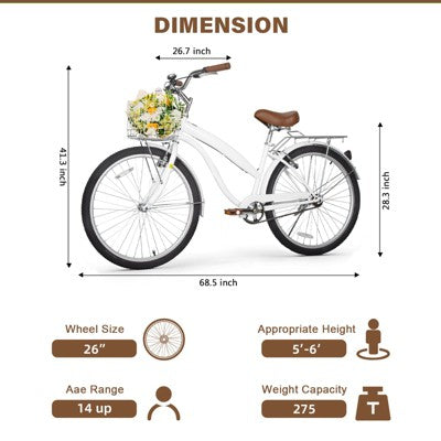 Hykolity 26 Inch Cruiser Beach Bike Commuter Bicycle for Adult Women Men City Bikes with Basket Comfort Saddle Rear Rack White (LOCAL PICKUP ONLY)