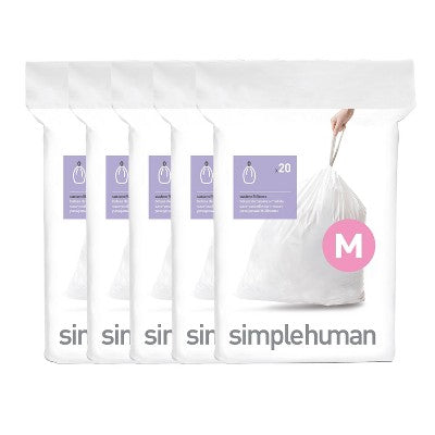 simplehuman 45L Code M Custom Fit Kitchen Trash Bag Liners 5 Quick-Dispense Packs - 100ct: Drawstring, Plastic, Tall Kitchen
