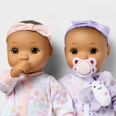 14" Girl Twin Baby Dolls - Brown Hair/Eyes - Gigglescape: Includes Pacifier, Bottle & Plush Outfits