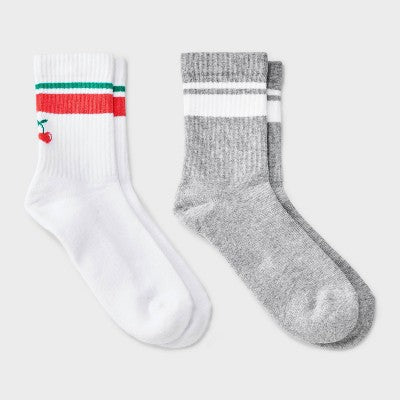 Women's Cherries Cushioned Ribbed 2pk Mid Crew Socks - White/Heather Gray/Coral 4-10