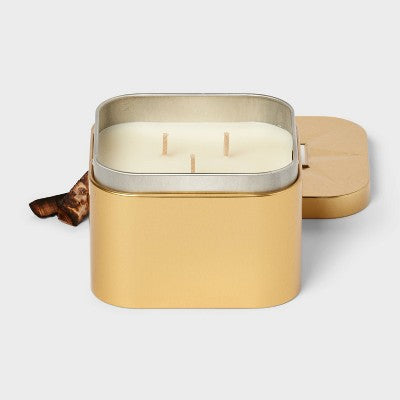 3 Wick Lidded Metal Tin Candle Fireside Glow 12oz Gold - Threshold