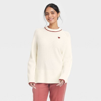 Women's Valentine's Crew Neck Pullover Sweater - A New Day Cream Hearts XL: Midweight, Long Sleeve, Machine Washable