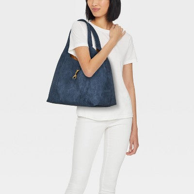 Faux Suede Slouchy Shoulder Tote Bag - A New Day Blue