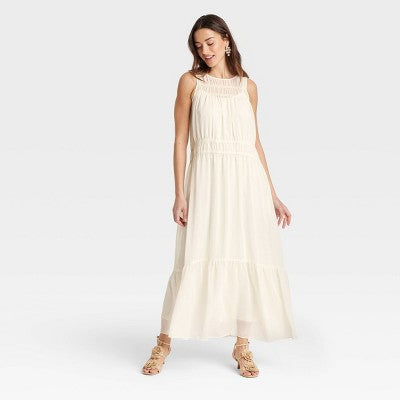 Women's Sheer Chiffon Maxi Dress - A New Day Cream Medium