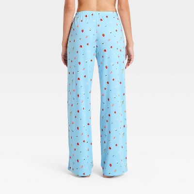 Women's Knit Wide Leg Pajama Pants Blue Strawberry Printed XS