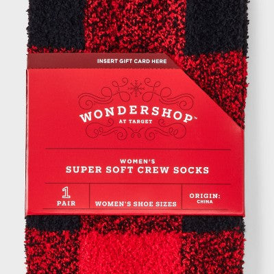 Women's Buffalo Plaid Cozy Christmas Crew Socks with Gift Card Holder - Wondershop Red/Black 4-10