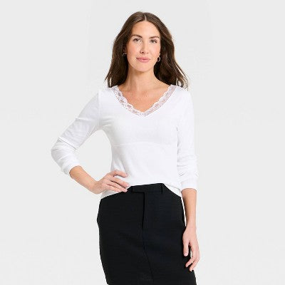 Women's Lace Trim V-Neck Ribbed Top - A New Day White XL