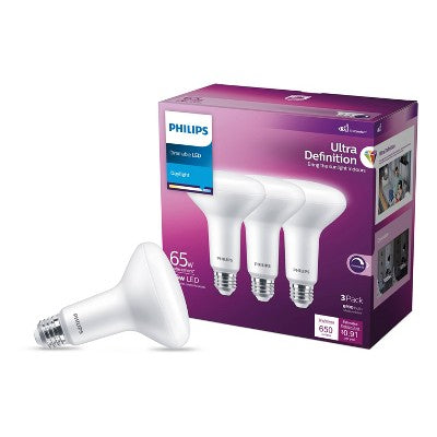 Philips UltraDef LED 65W Daylight BR30 3P: Dimmable Energy Star Certified Light Bulbs, 5000K, 650 Lumens, 3 Pack