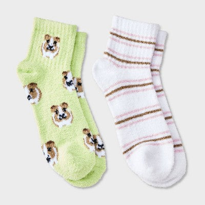 Women's Guinea Pigs 2pk Cozy Quarter Crew Socks - Green/White 4-10: Midweight Velour Ribbed Animal Pattern