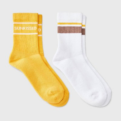 Women's "Sunkissed" Cushioned Ribbed 2pk Mid Crew Socks - Yellow/White/Brown 4-10