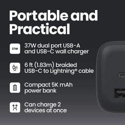 GEMS USB-C to Lightning Charging Gift Set with 5000MmAh Power Bank, Cable, and Wall Charger - Black