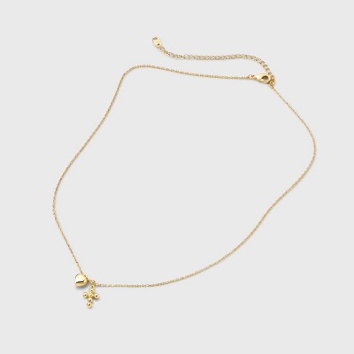 14K Gold Dipped Puff Heart and Cross Pendant Necklace - Gold