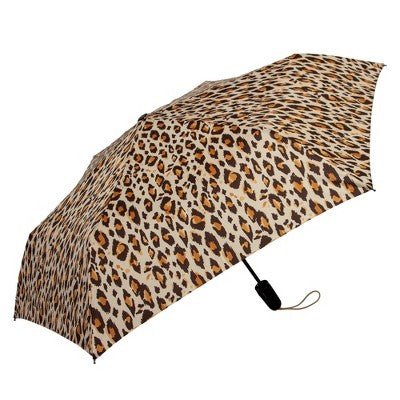 ShedRain Auto Open Auto Close Compact Umbrella - Tan Leopard Print: Telescoping Shaft, Polyester Canvas