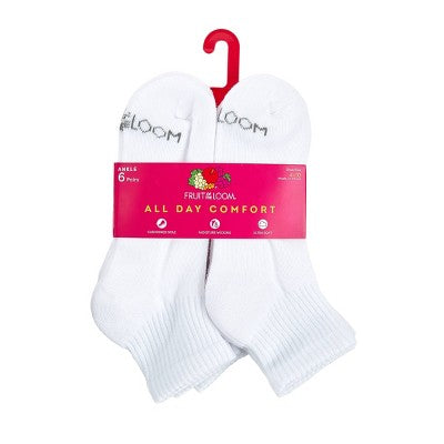 Fruit of the Loom Women's Cushioned 6pk Ankle Socks - White 4-10: Moisture Wicking, 4-Way Stretch
