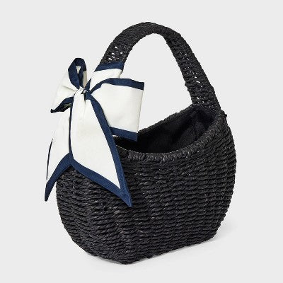 Straw Mini Bag with Bow - A New Day Black: Woven Paper Straw, Structured Shoulder Handbag, Single Handle, Solid Pattern