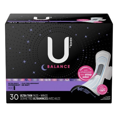 U by Kotex Balance Ultra Thin Extra Heavy Overnight Pads with Wings - Unscented - 90ct