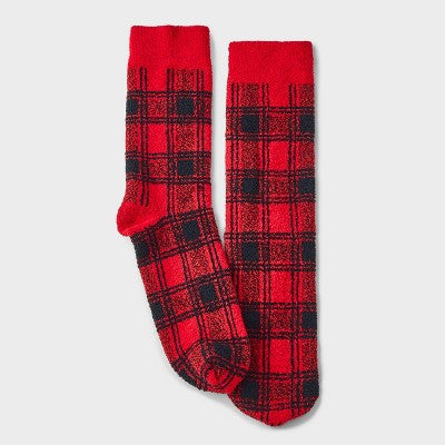 Men's Buffalo Plaid Cozy Crew Socks - Wondershop Red 6-12