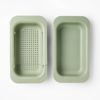 Plastic Narrow Over the Sink Expandable Colander with Soaking Tray Green - Figmint