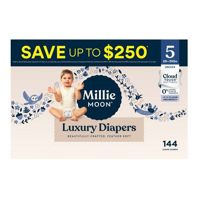 Millie Moon Luxury Disposable Diapers - Size 5 - 144ct: 28 to 39 lbs, Hypoallergenic, Paraben-Free, Vegan (LOCAL PICKUP ONLY)