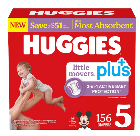 Huggies Little Movers Plus Baby Diapers Size 5, 156 Count, 27+ lbs, Leak Protection, DryTouch Liner, Fragrance Free Disposable Diapers