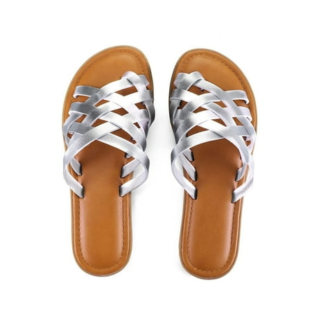 Pennysue Women Strappy Slippers Summer Grey Flat Sandals Size 9